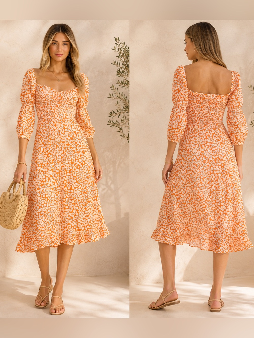 Faithfull The Brand Nora Midi Dress Orange Floral Smocked Puff Sleeve M